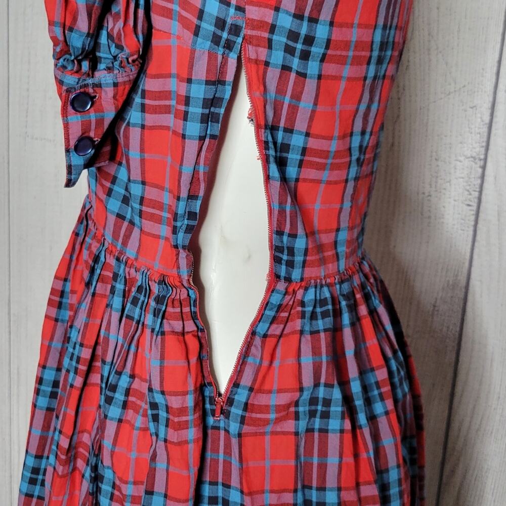 Vintage Handmade Farmcore Blue & Red Plaid Pleated Shirt Dress - Picture 4 of 5